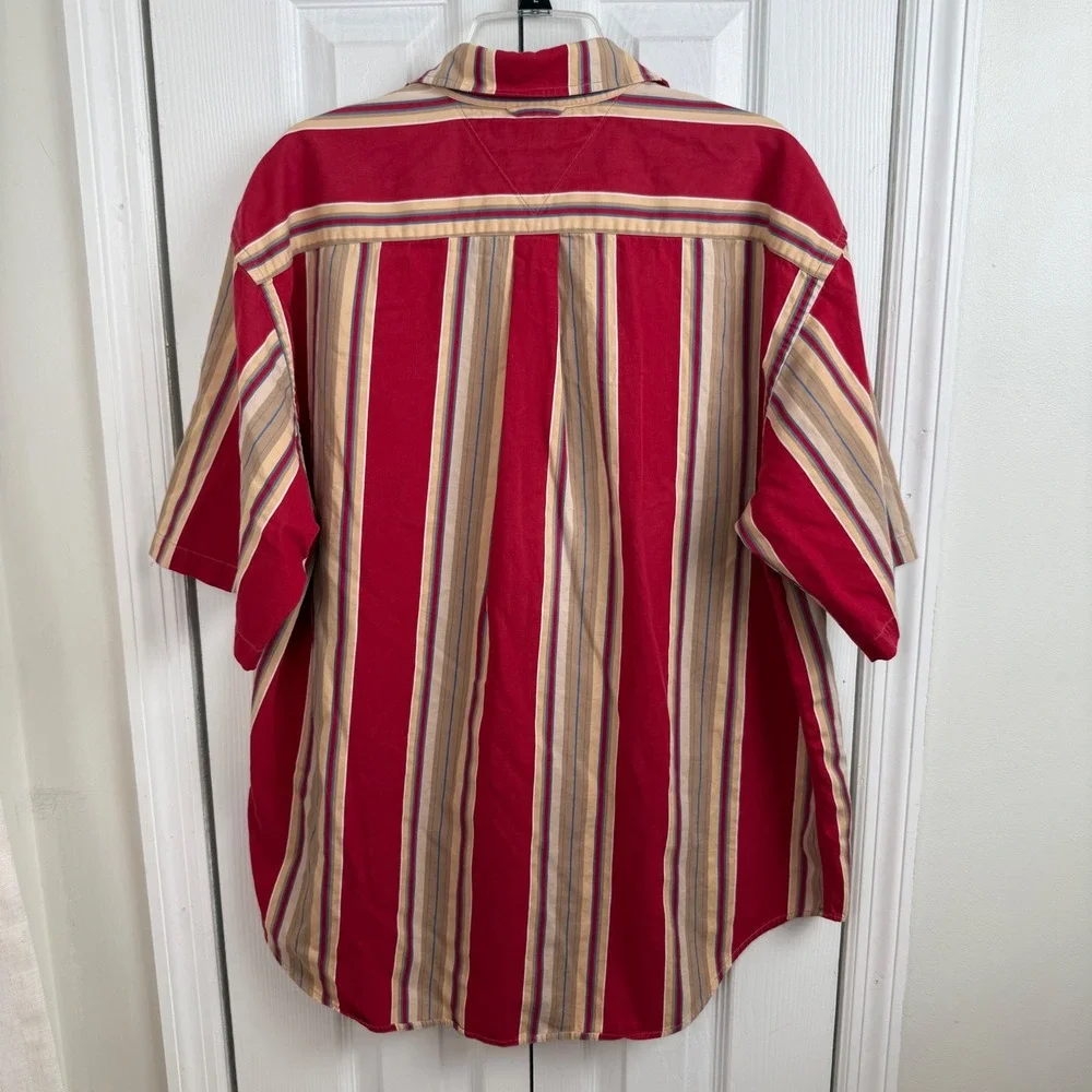 Tommy Hilfiger‎ XL Striped Button Up Shirt Red Tan Crest Logo 90s Y2K Cotton